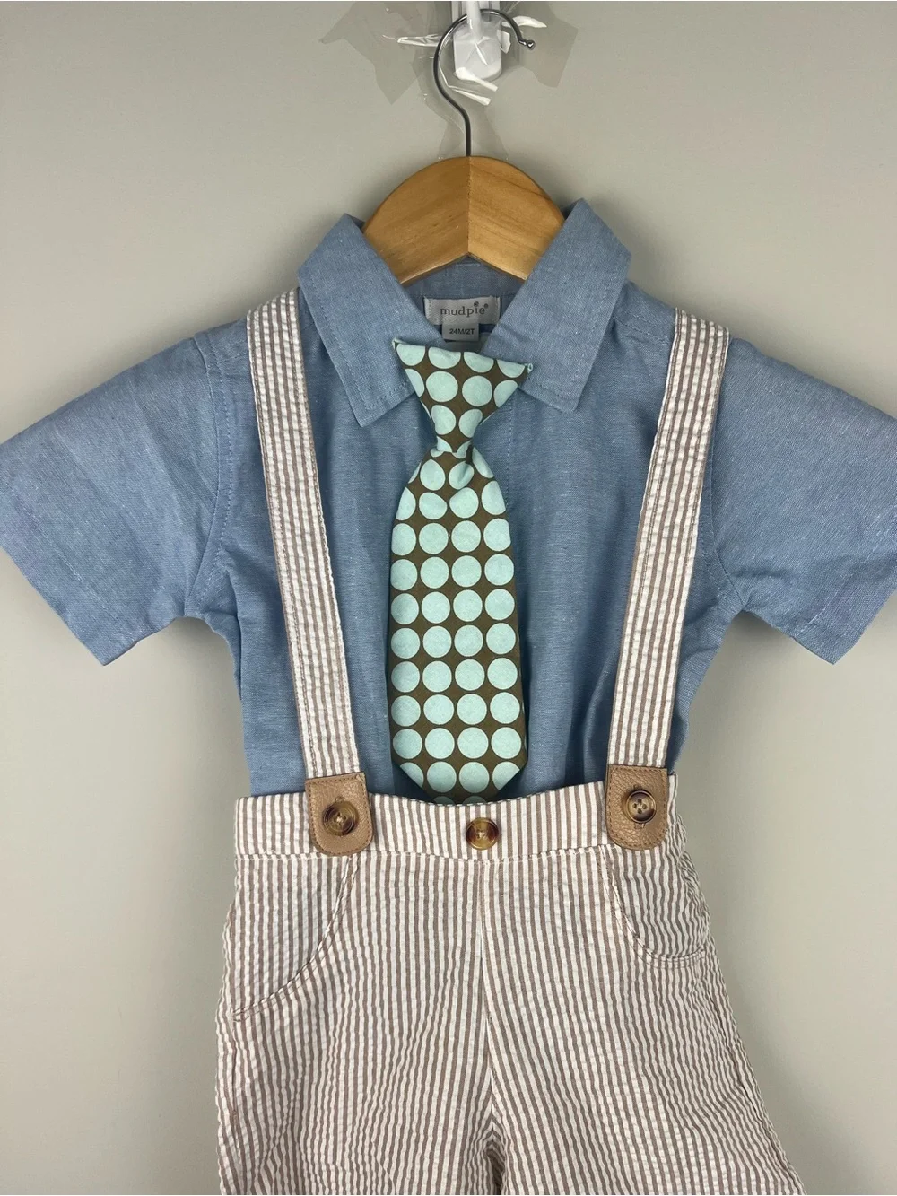 Mudpie Blue Chambray Shirt & Striped Suspender Shorts Set with Aqua Tie